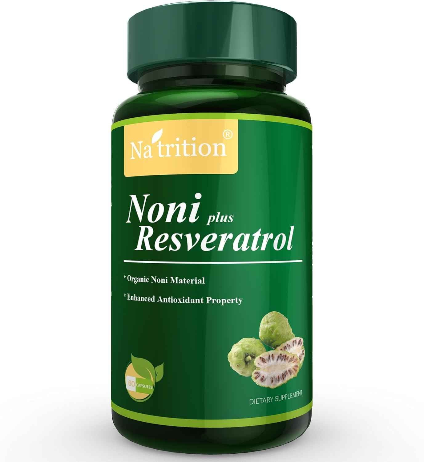 Natrition Organic Noni Extract Plus Trans-Resveratrol Capsules, antioxidant, Anti-Aging - 60 Veggie Capsules