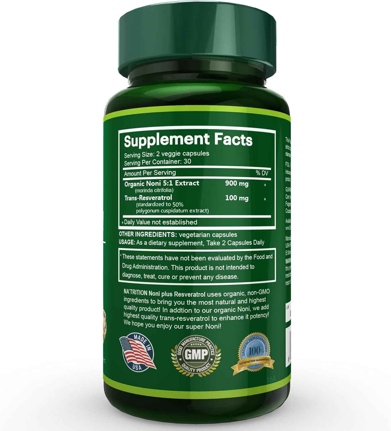 Natrition Organic Noni Extract Plus Trans-Resveratrol Capsules, antioxidant, Anti-Aging - 60 Veggie Capsules