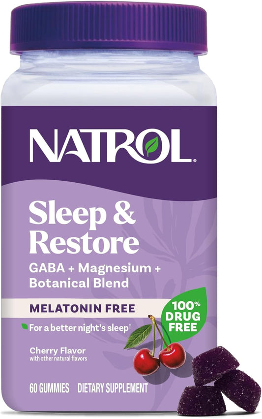 Natrol Sleep + Restore Gummies - GABA, Magnesium Glycinate, Botanical Blend - Melatonin-Free, Cherry Flavored - 30 Day Supply for Better Sleep