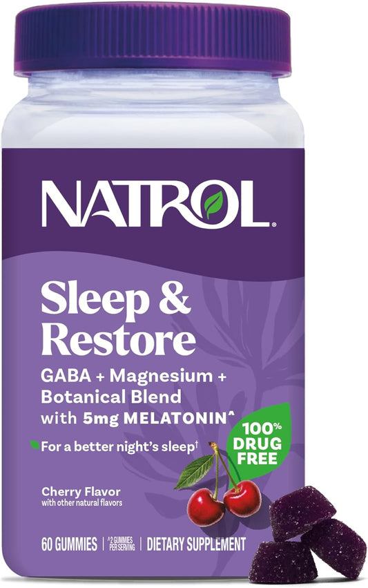 Natrol Sleep + Restore Gummies with GABA, Magnesium, Botanical Blend, Melatonin 5mg - Cherry Flavored for Better Sleep - 30 Day Supply