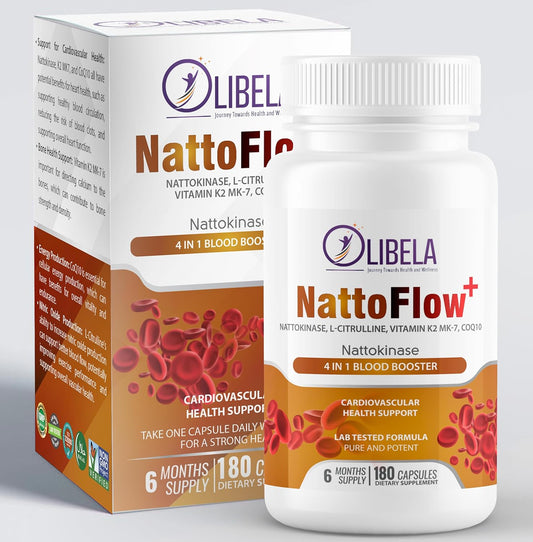 NattoFlow+ 4 in 1 Supplement for Cardiovascular Health and Energy - Nattokinase, L-Citrulline, CoQ10, Vitamin K2 - 180 Capsules
