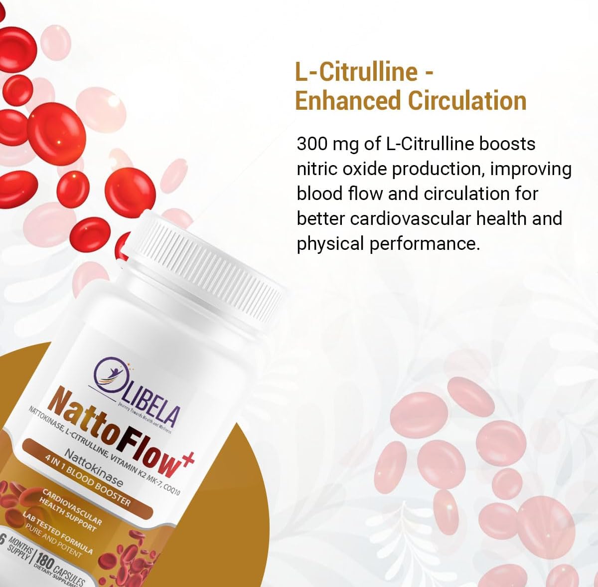 NattoFlow+ 4 in 1 Supplement for Cardiovascular Health and Energy - Nattokinase, L-Citrulline, CoQ10, Vitamin K2 - 180 Capsules