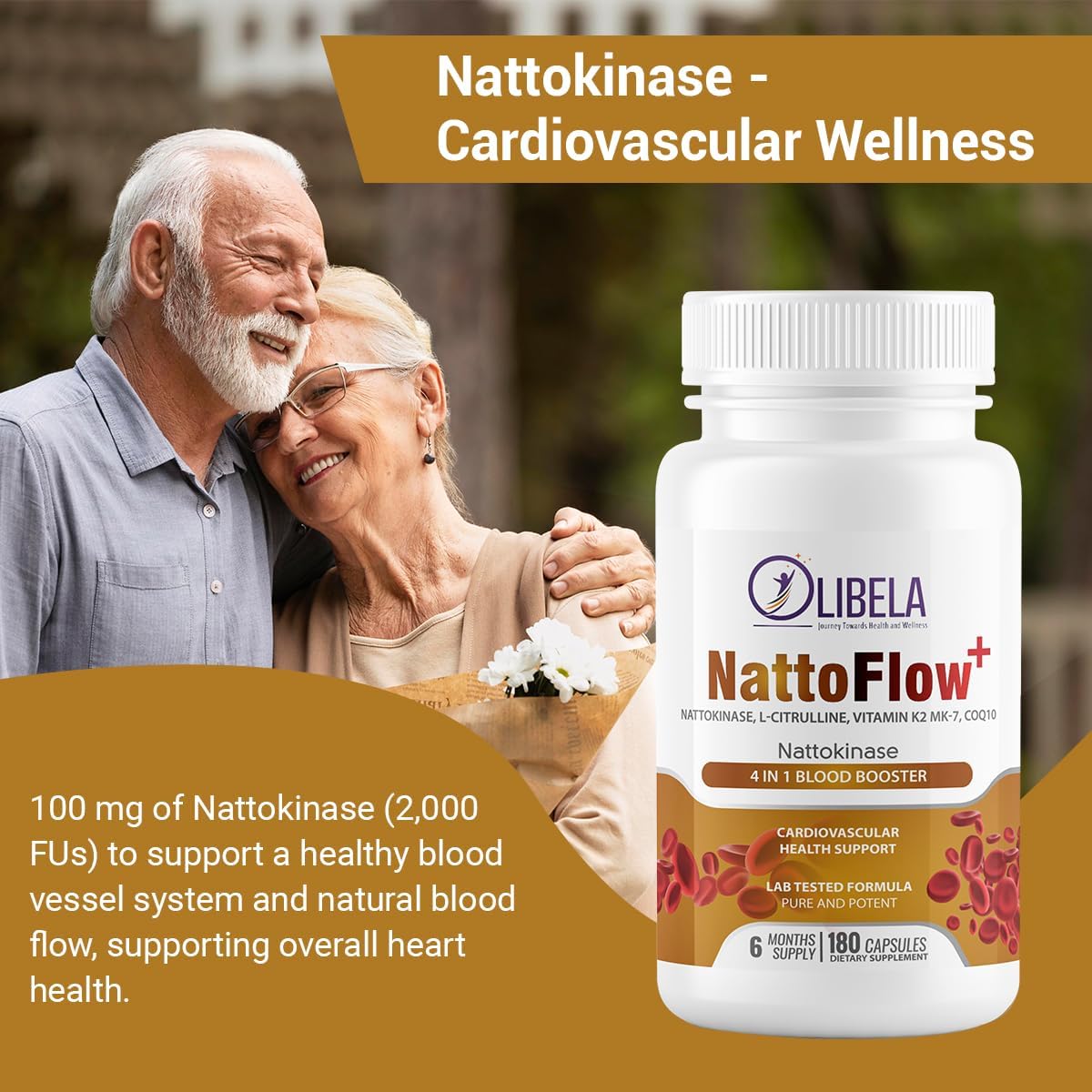 NattoFlow+ 4 in 1 Supplement for Cardiovascular Health and Energy - Nattokinase, L-Citrulline, CoQ10, Vitamin K2 - 180 Capsules