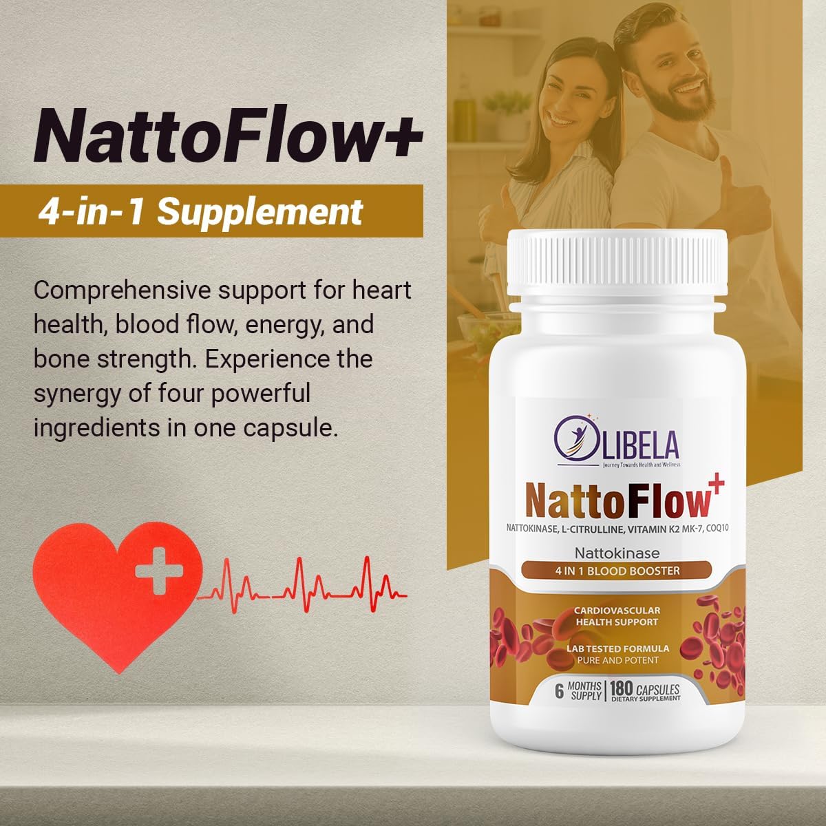 NattoFlow+ 4 in 1 Supplement for Cardiovascular Health and Energy - Nattokinase, L-Citrulline, CoQ10, Vitamin K2 - 180 Capsules