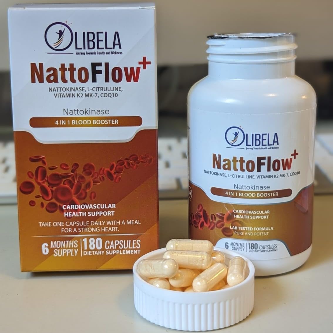 NattoFlow+ 4 in 1 Supplement for Cardiovascular Health and Energy - Nattokinase, L-Citrulline, CoQ10, Vitamin K2 - 180 Capsules