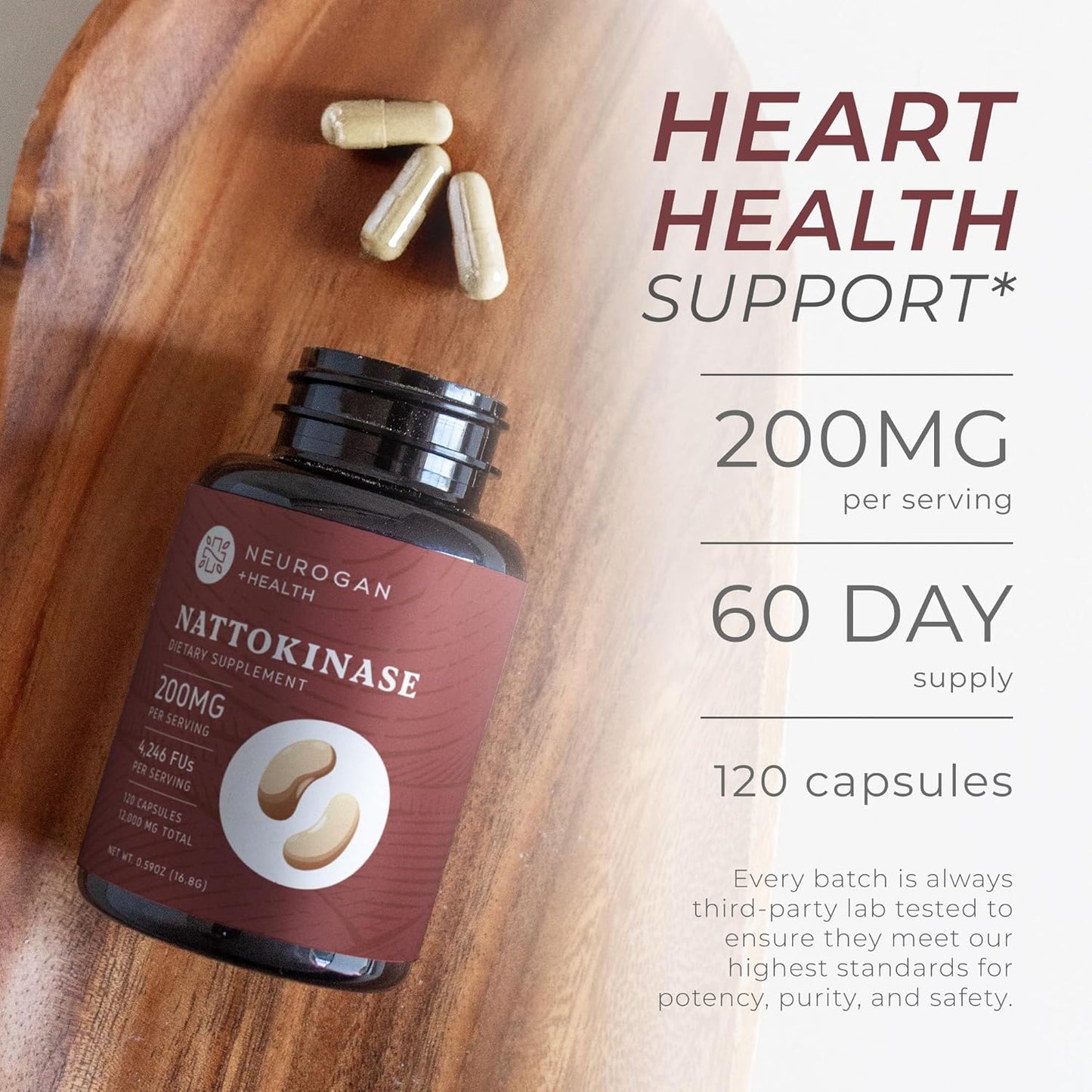 Nattokinase Capsules for Cardiovascular Health | Enzyme for Blood Flow Support | 200mg Per Serving, 12,000mg Total | 120 Capsules