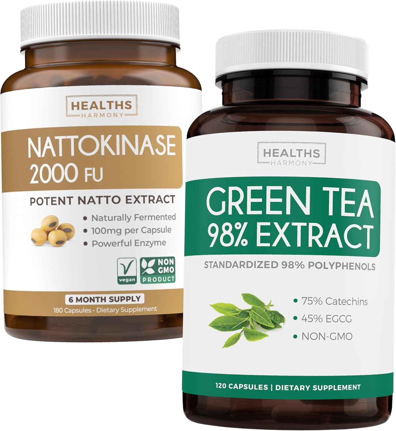Nattokinase & Green Tea (2-Month Supply) Green Boost Bundle - Nattokinase 2000 FU Powerful Naturally Fermented Soybeans -180 Caps & Green Tea Extract 98% with EGCG (Non-GMO) Natural Metabolism Boost