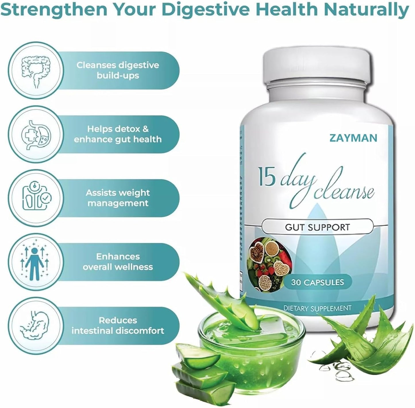 Natural 15-Day Colon Cleanse Detox Support Supplement - Gut Health Formula with Senna, Cascara Sagrada & Psyllium Husk - 30 Capsules for Men and Women