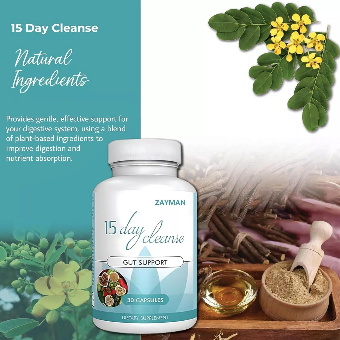 Natural 15-Day Colon Cleanse Detox Support Supplement - Gut Health Formula with Senna, Cascara Sagrada & Psyllium Husk - 30 Capsules for Men and Women