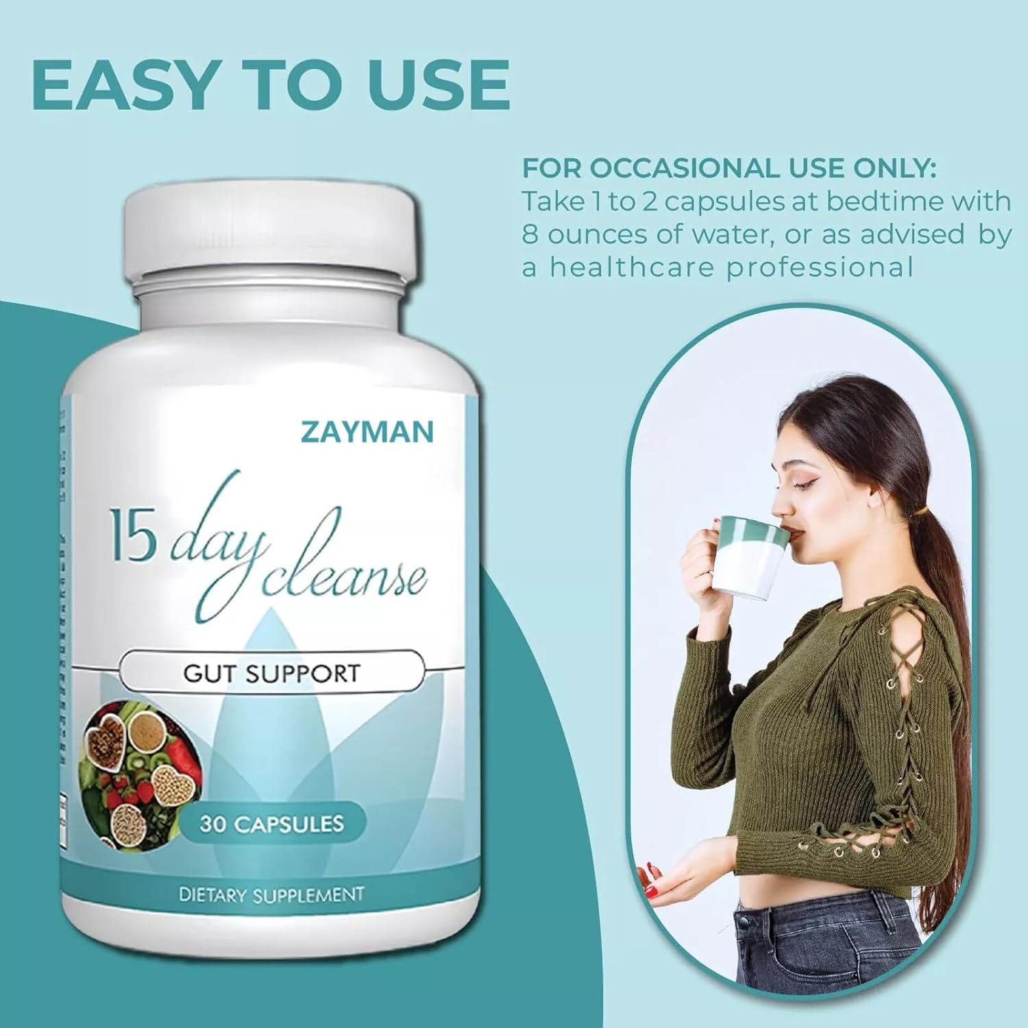 Natural 15-Day Colon Cleanse Detox Support Supplement - Gut Health Formula with Senna, Cascara Sagrada & Psyllium Husk - 30 Capsules for Men and Women