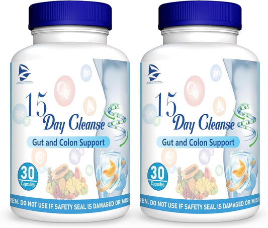 Natural 15-Day Gut Cleanse Capsules for Men and Women, Supports Digestive Health, 30 Capsules x 2 Bottles