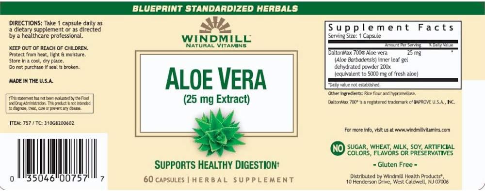 Natural Aloe Vera Extract Vitamins in 60 Capsules for Overall Wellness - 25mg Concentration (1 Pack)