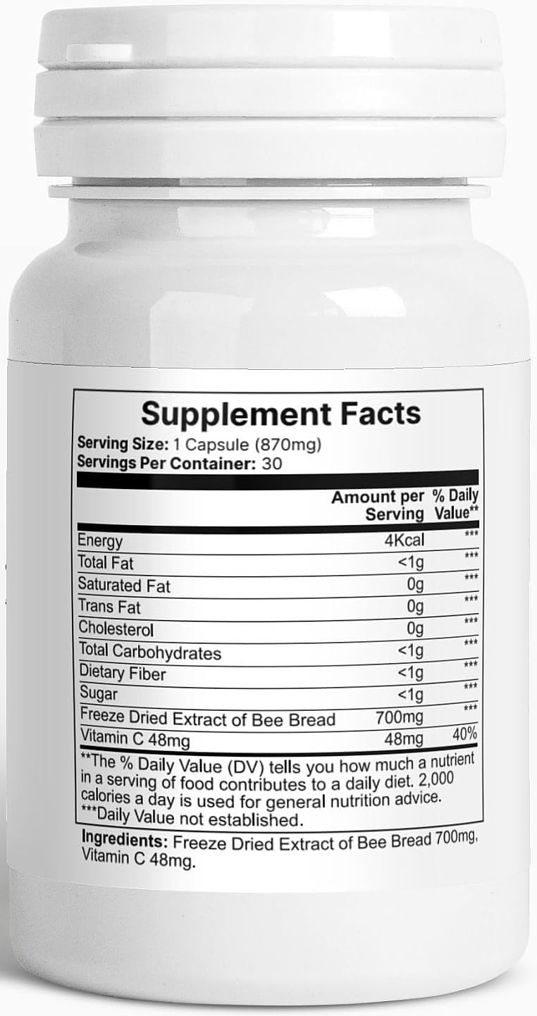 Natural Angelic Nutrients Bee Bread Supplement 700mg - 30 Capsules of Pure Bee Pearl Goodness