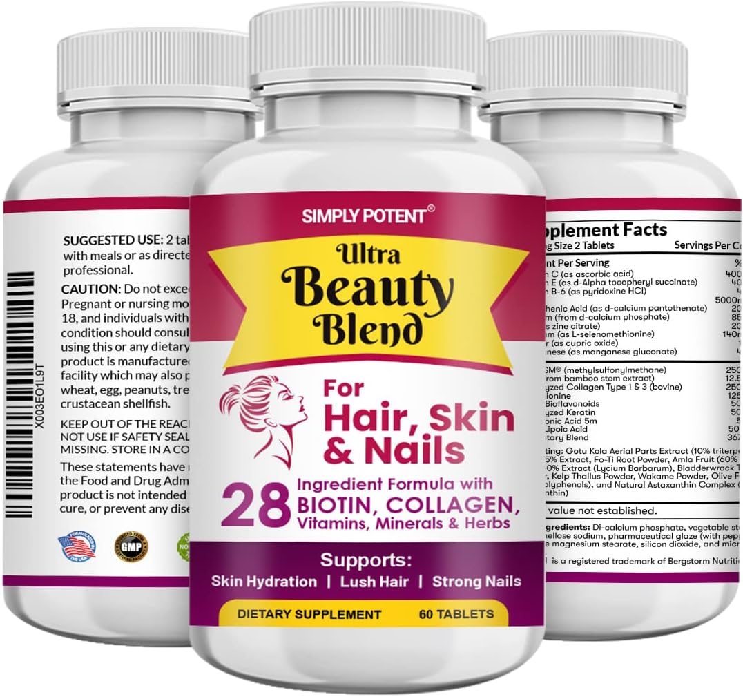 Natural Anti-Aging Hair Skin and Nails Vitamins with 28 Ingredients including Biotin, Keratin, Collagen, and Hyaluronic Acid - 60 Tablets