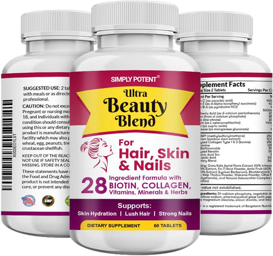 Natural Anti-Aging Hair Skin and Nails Vitamins with 28 Ingredients including Biotin, Keratin, Collagen, and Hyaluronic Acid - 60 Tablets