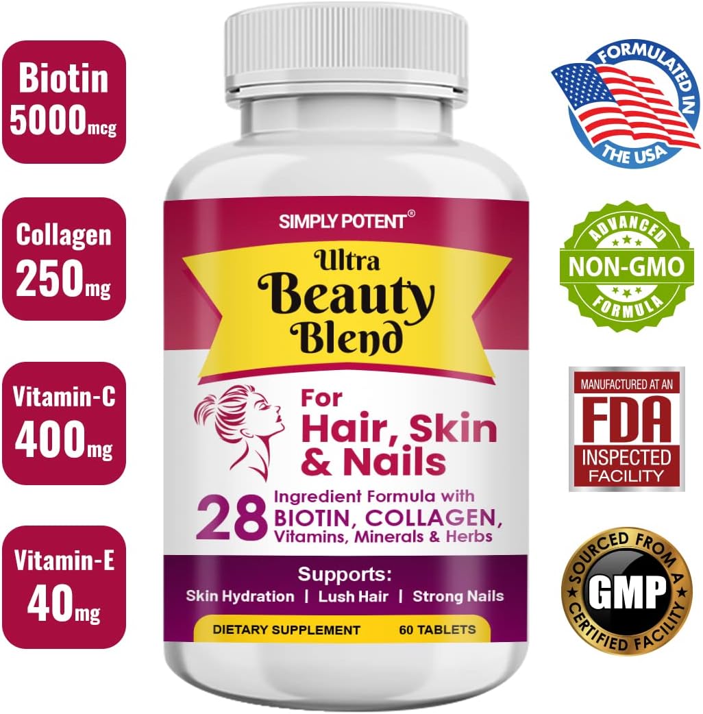 Natural Anti-Aging Hair Skin and Nails Vitamins with 28 Ingredients including Biotin, Keratin, Collagen, and Hyaluronic Acid - 60 Tablets