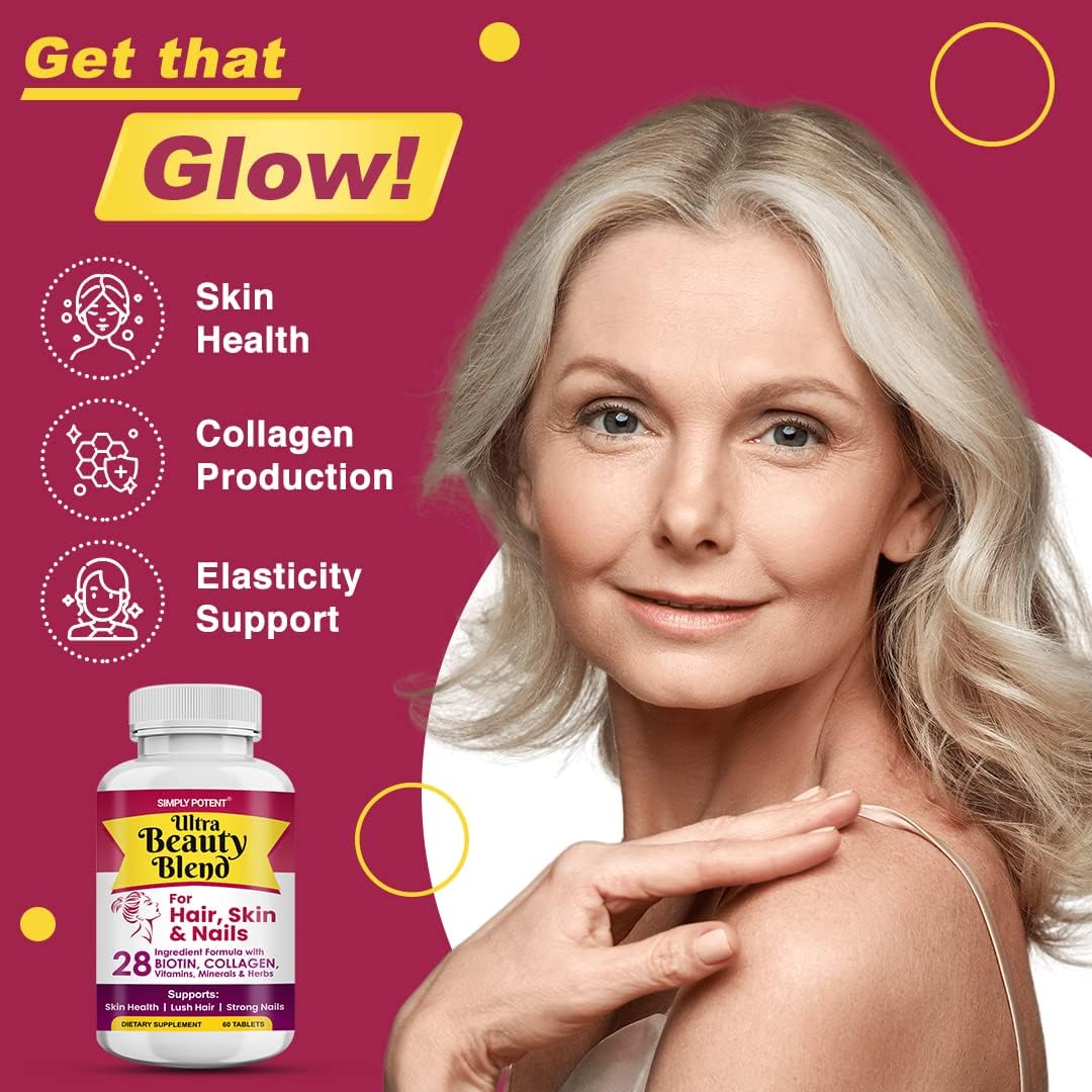Natural Anti-Aging Hair Skin and Nails Vitamins with 28 Ingredients including Biotin, Keratin, Collagen, and Hyaluronic Acid - 60 Tablets