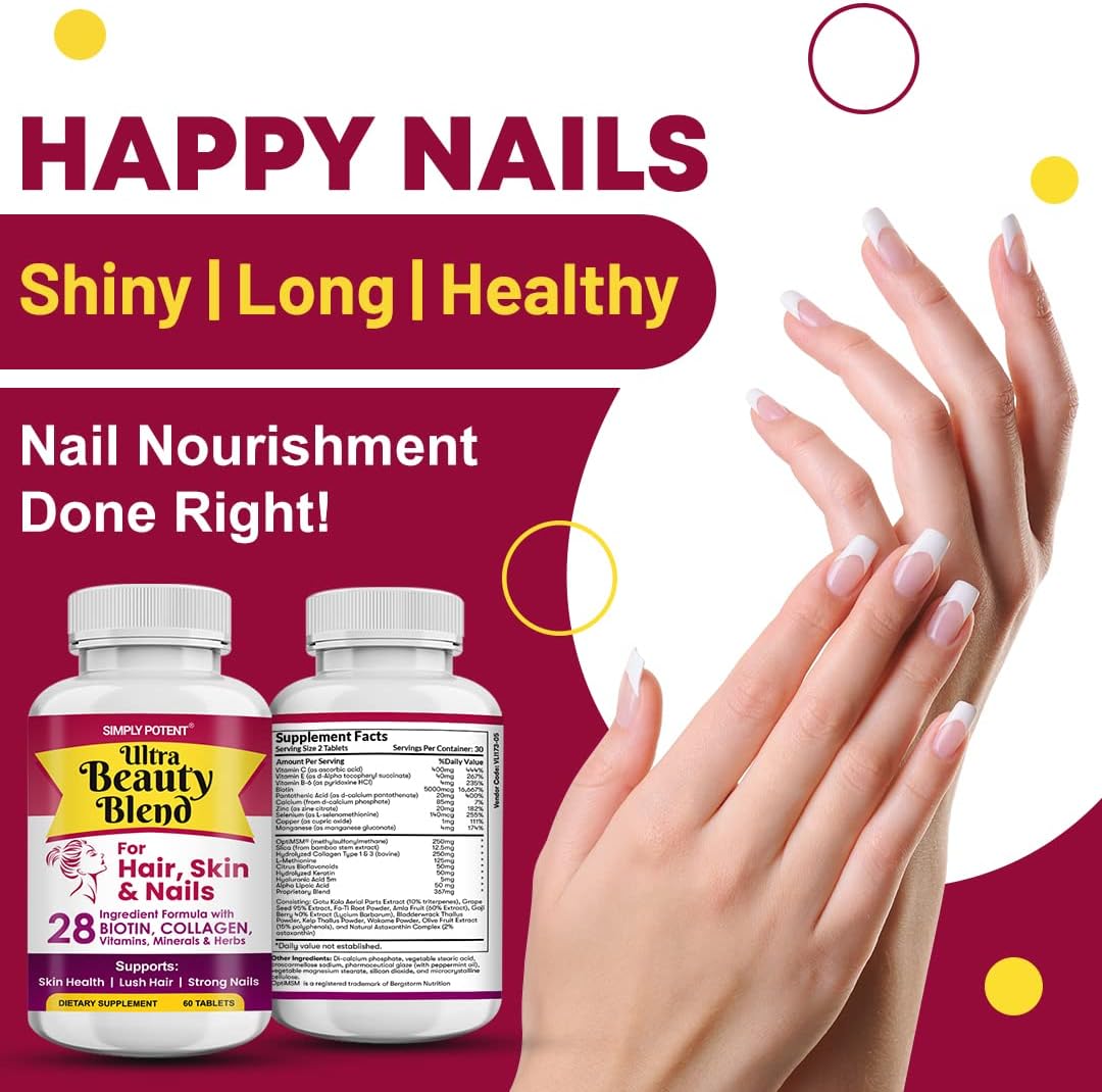 Natural Anti-Aging Hair Skin and Nails Vitamins with 28 Ingredients including Biotin, Keratin, Collagen, and Hyaluronic Acid - 60 Tablets