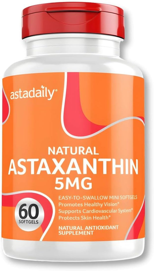 Natural Astaxanthin Antioxidant Supplement - 5mg Softgels for Longevity, Immune Health, Vision, Heart, Skin, and Cognitive Function - 60 Count, Made in USA