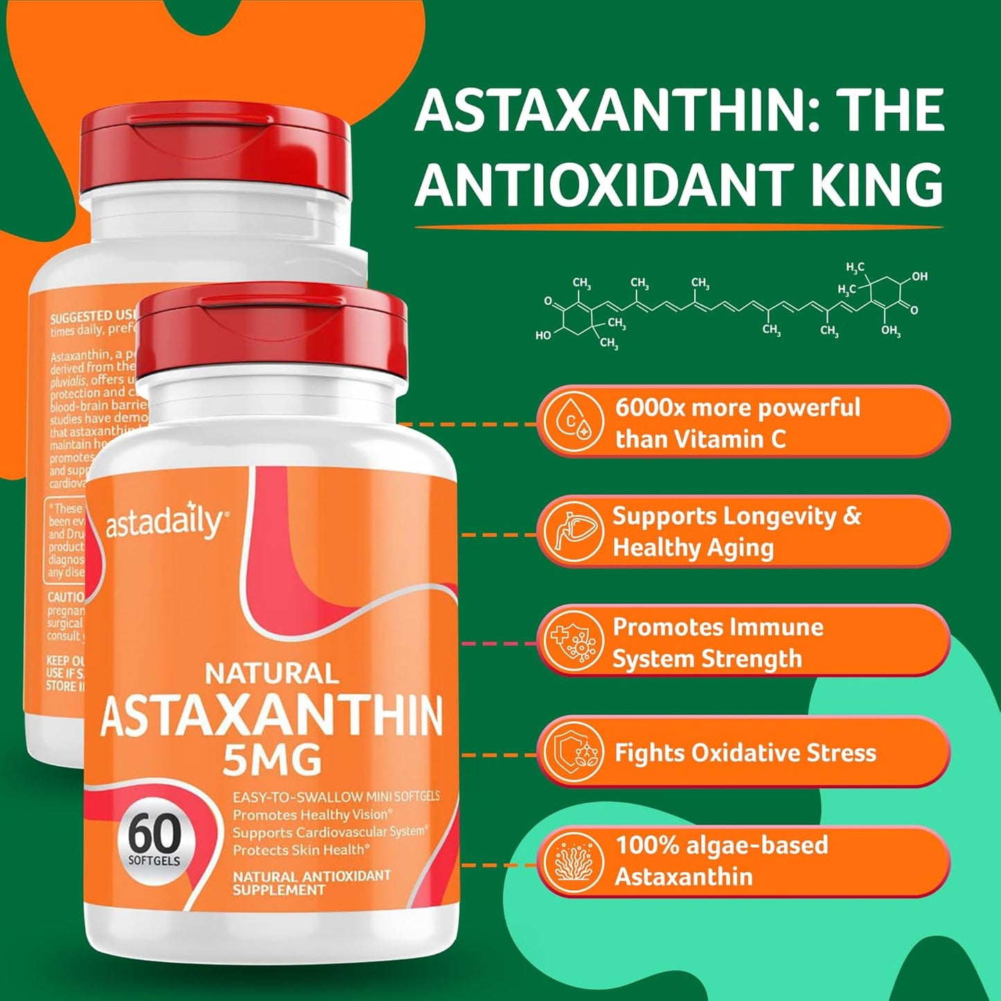Natural Astaxanthin Antioxidant Supplement - 5mg Softgels for Longevity, Immune Health, Vision, Heart, Skin, and Cognitive Function - 60 Count, Made in USA
