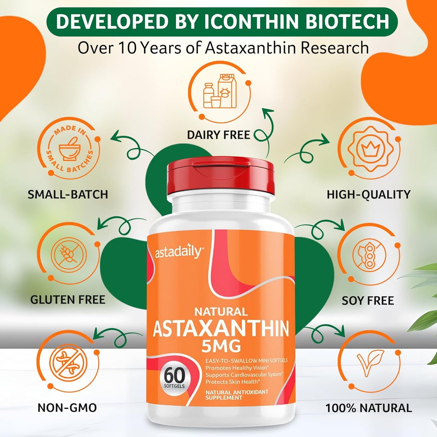 Natural Astaxanthin Antioxidant Supplement - 5mg Softgels for Longevity, Immune Health, Vision, Heart, Skin, and Cognitive Function - 60 Count, Made in USA