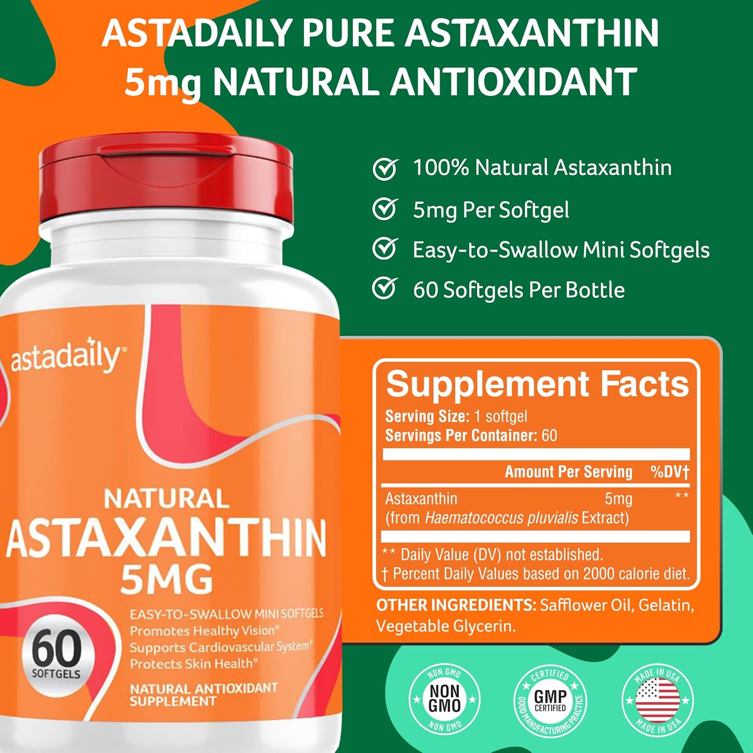 Natural Astaxanthin Antioxidant Supplement - 5mg Softgels for Longevity, Immune Health, Vision, Heart, Skin, and Cognitive Function - 60 Count, Made in USA