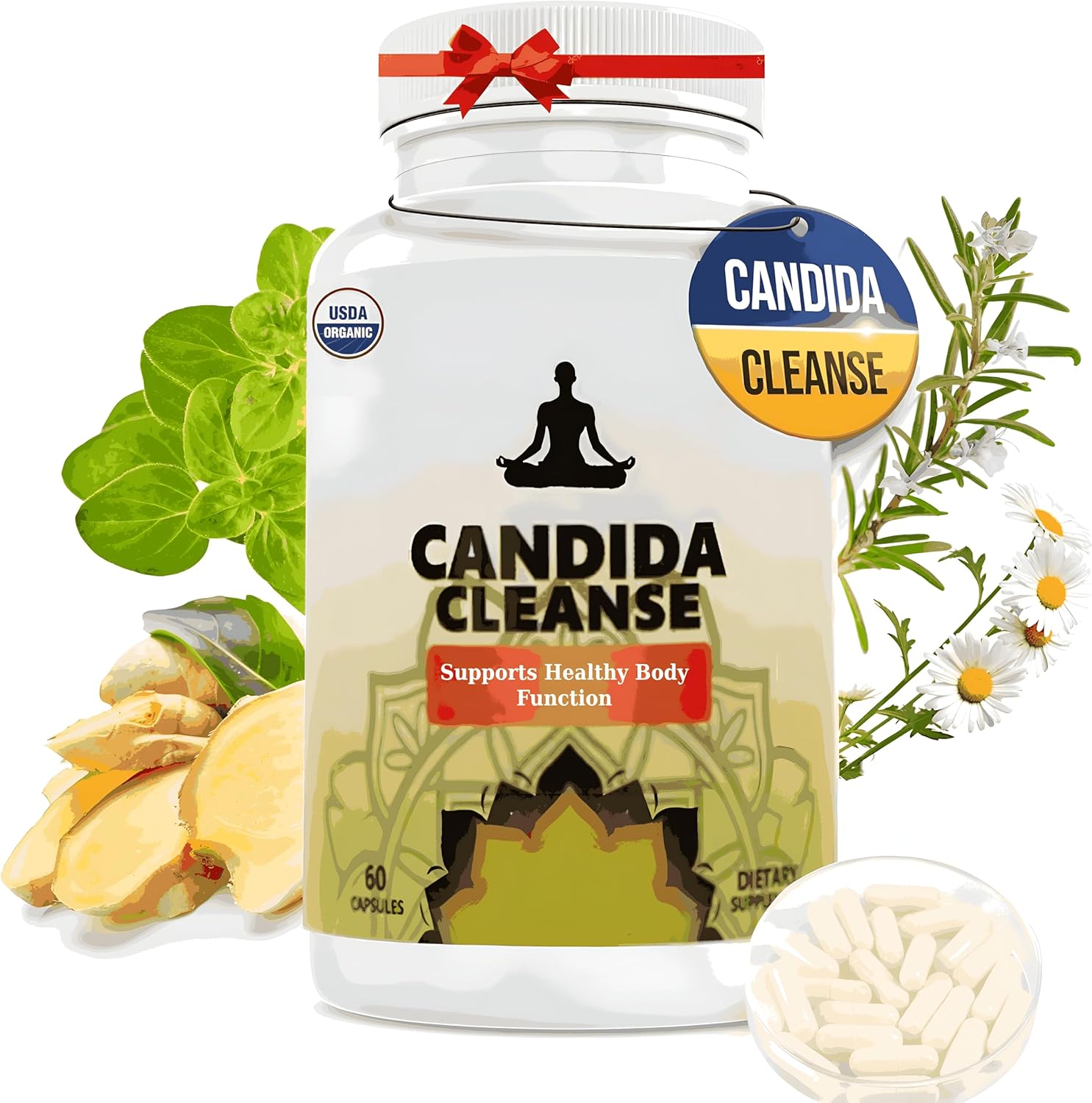 Natural AuraFlare Candida Cleanse Supplement for Digestive Balance - Oregano Leaf, Wormwood, Black Walnut - Gentle Support for Men and Women - 60 Capsules