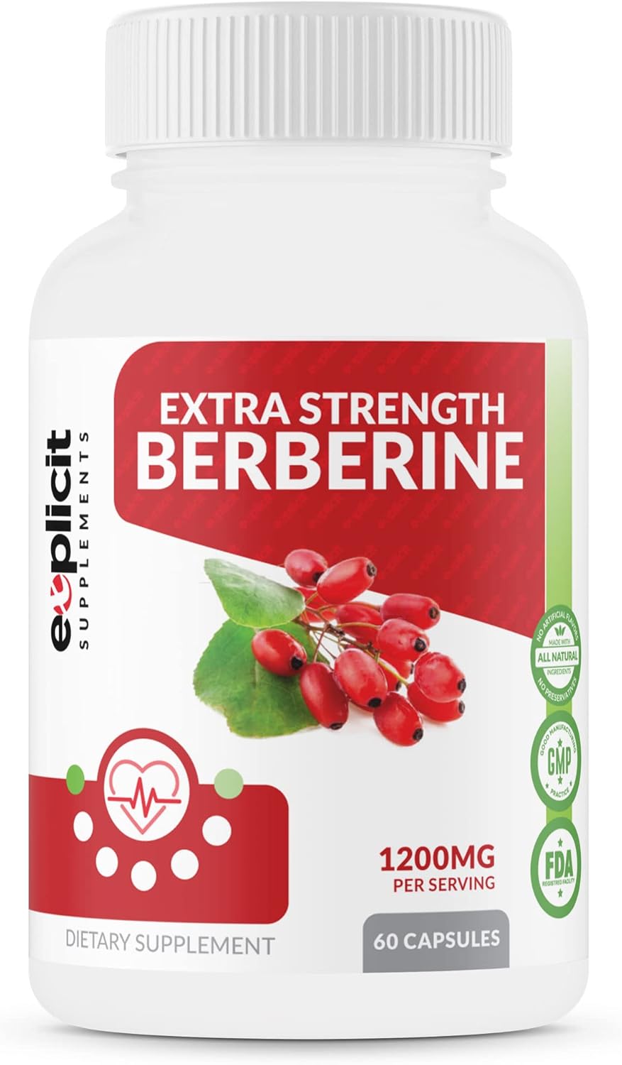 Natural Berberine HCl Capsules - 1200mg Max Strength - 60 Count - 30 Day Supply