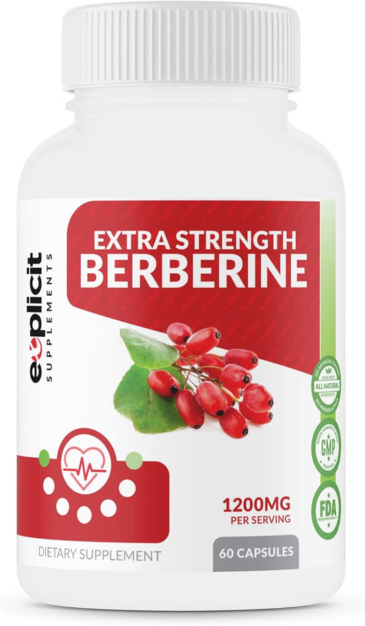Natural Berberine HCl Capsules - 1200mg Max Strength - 60 Count - 30 Day Supply