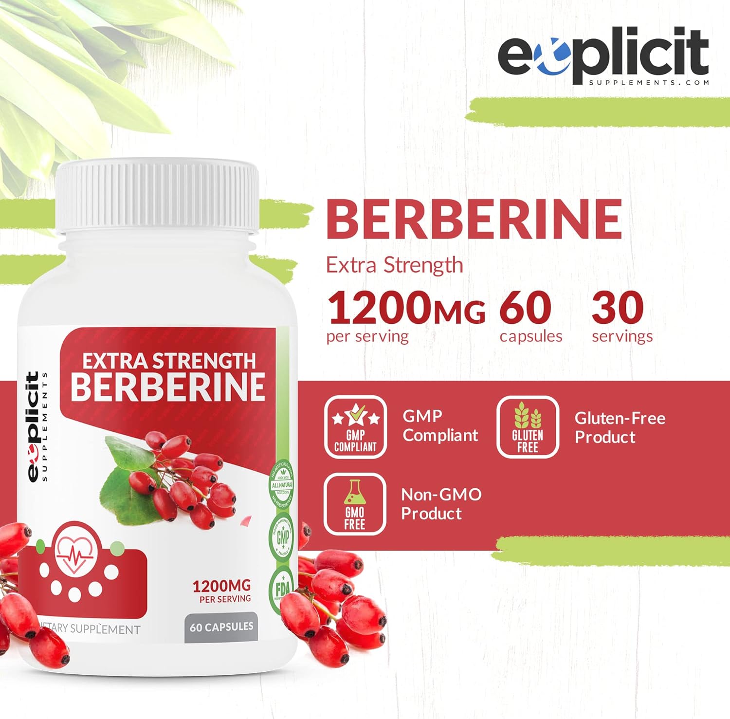 Natural Berberine HCl Capsules - 1200mg Max Strength - 60 Count - 30 Day Supply