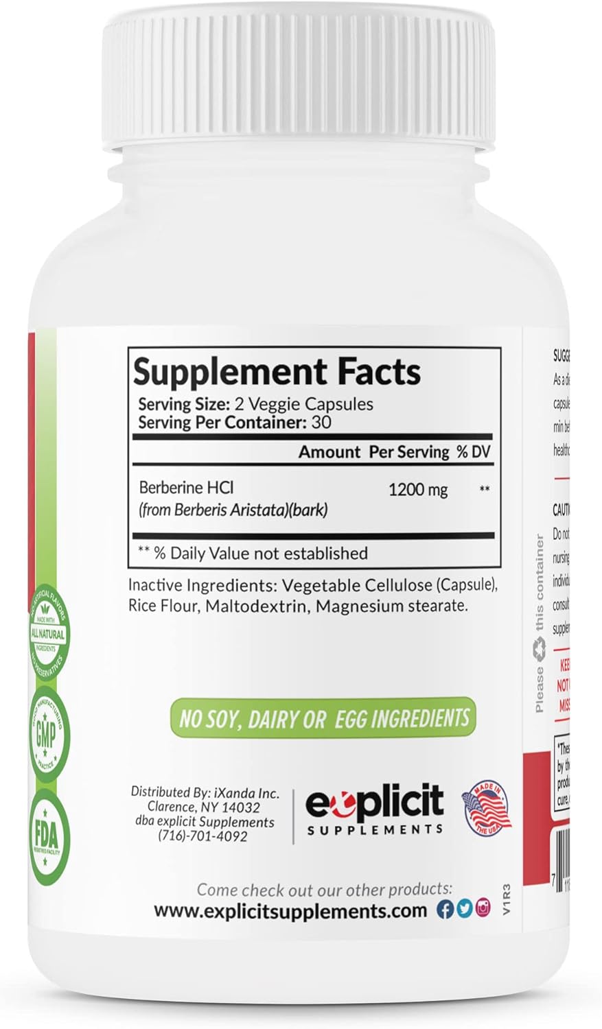 Natural Berberine HCl Capsules - 1200mg Max Strength - 60 Count - 30 Day Supply