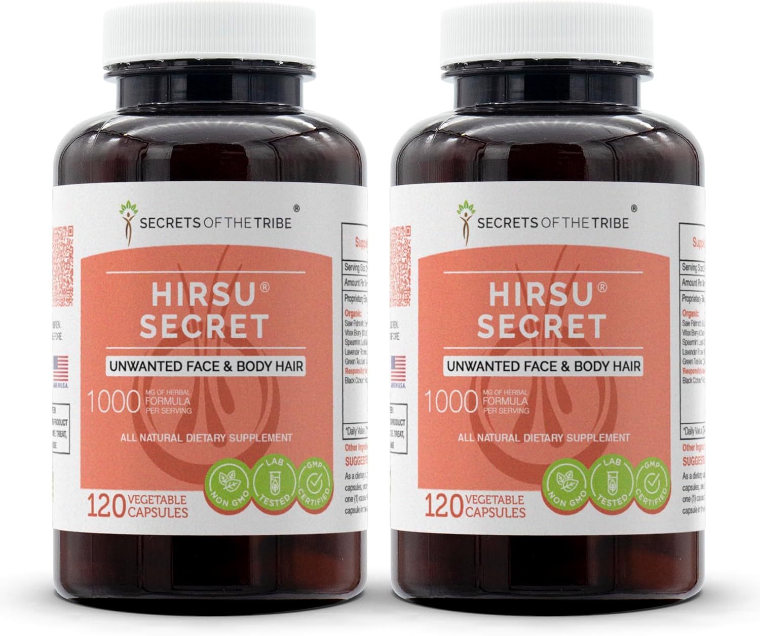 Natural Blend for Unwanted Body & Facial Hair - 240 Capsules/2000mg - Saw Palmetto, Black Cohosh, Vitex, Spearmint, Lavender, Green Tea - Secrets of the Tribe Hirsu Secret.