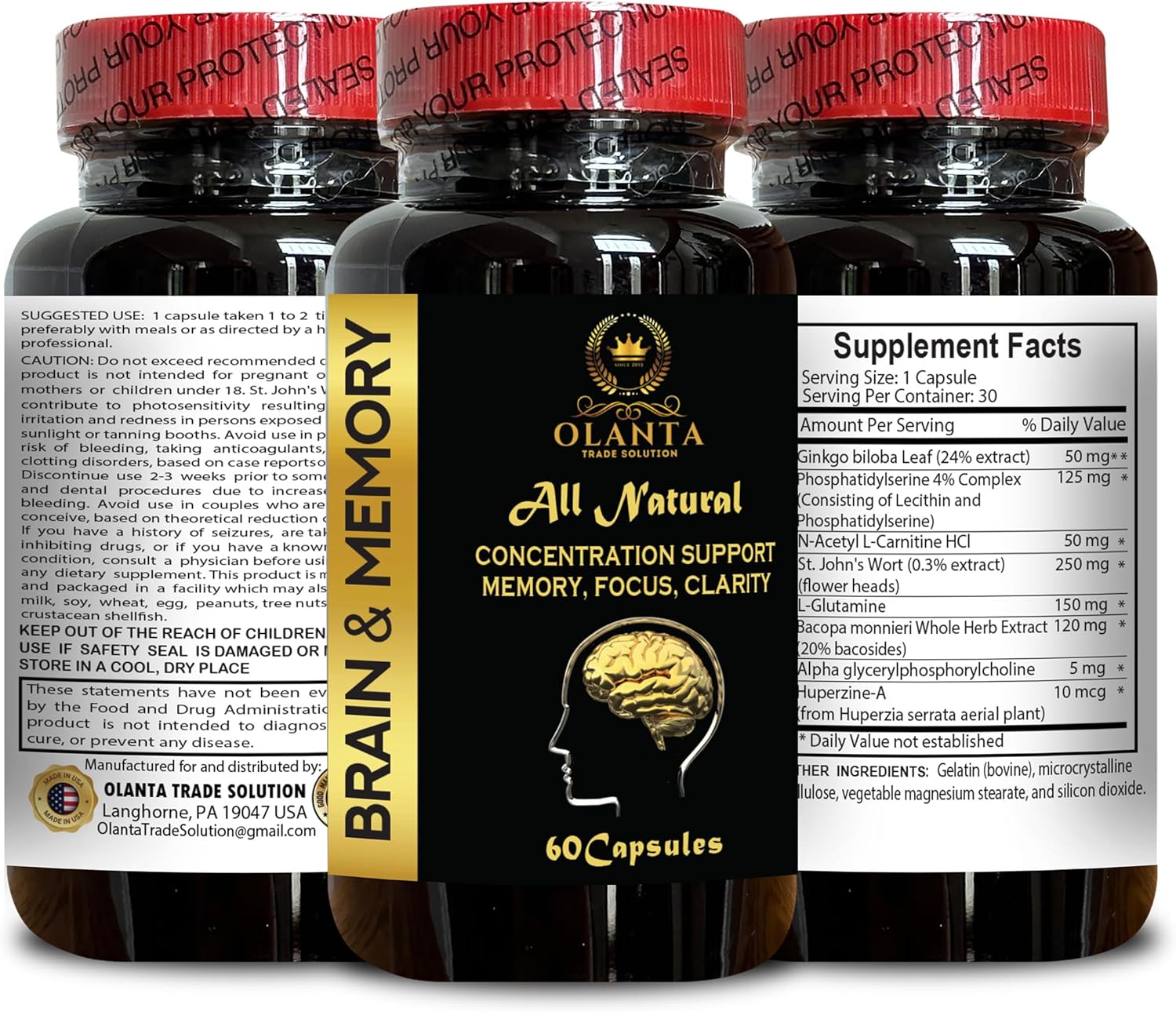 Natural Brain Health Supplements for Adults - Cognitive Support and Mental Clarity - Memory and Focus Enhancement - 2 Bottles 60 Capsules