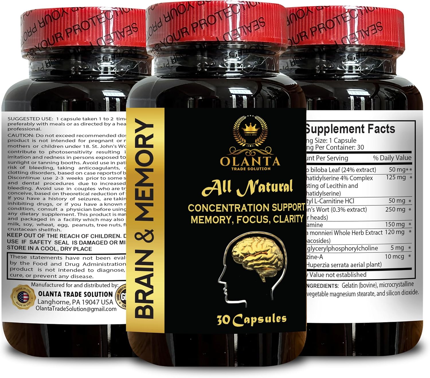 Natural Brain Health Supplements for Adults - Cognitive Support and Mental Clarity - Memory and Focus Enhancement - 2 Bottles 60 Capsules