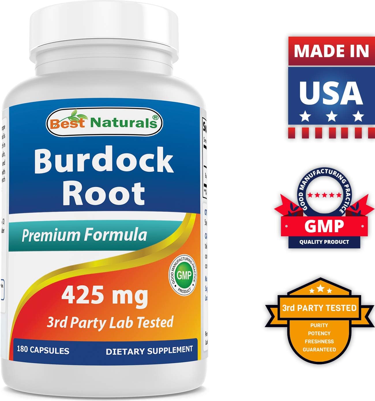 Natural Burdock Root Capsules - 425 mg, 180 Count (Pack of 3) - Top Quality Supplement
