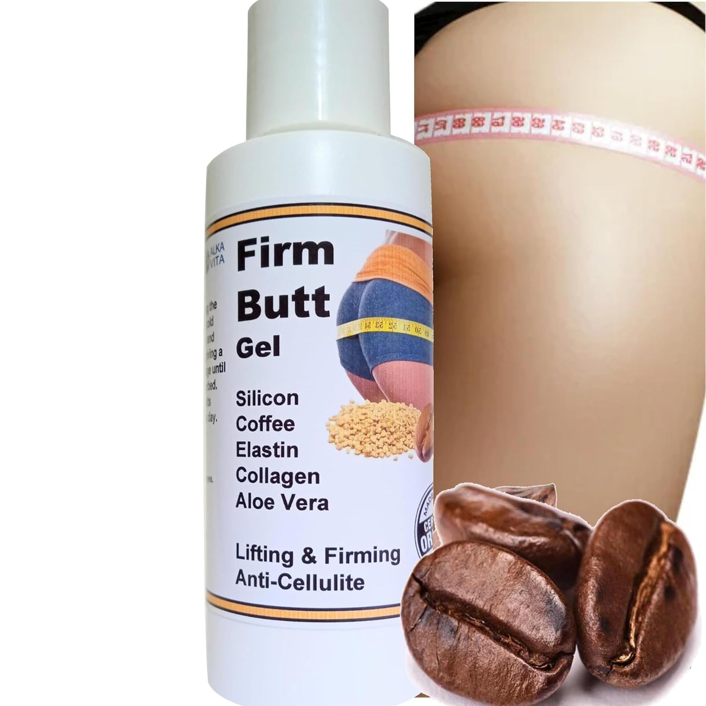 Natural Buttock Lifting Gel with Silica, Collagen, Coffee & Elastin for Firming and Tightening Saggy Skin