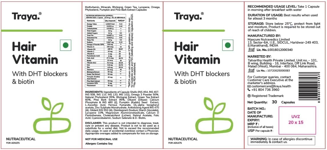 Natural DHT Blocker Hair Growth Vitamins with Biotin, Bhringraj, and Omega 3 - Pack of 2 (60 Capsules Each)