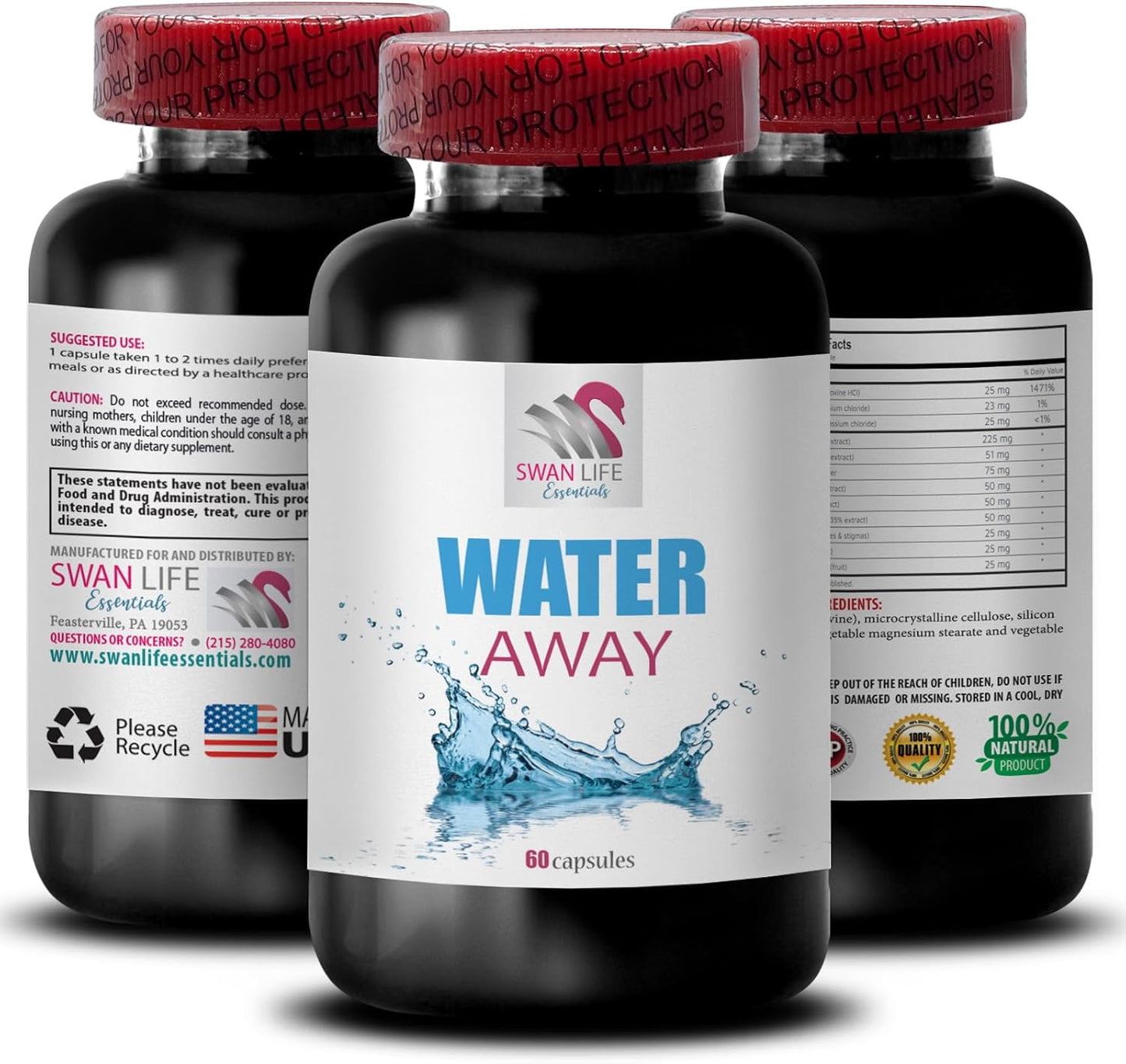 Natural Diuretic Blend Capsules for Fluid Balance and Water Support - SWAN LIFE ESSENTIALS Water Away Supplement - 2 Bottles, 120 Capsules
