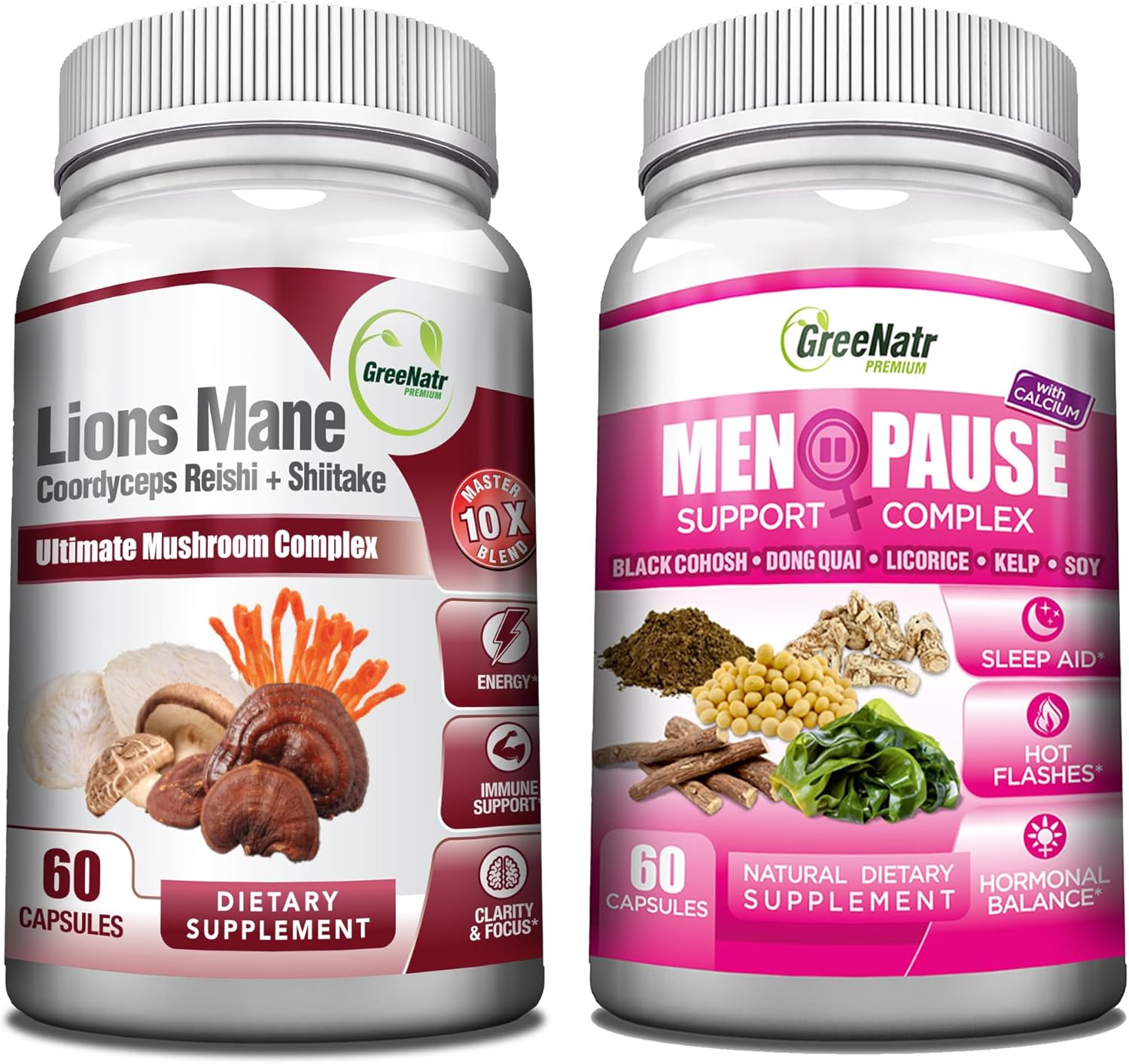 Natural Energy Boost and Menopause Support Bundle with Mushroom Supplement for Sustained Vitality and Herbal Complex for Hot Flashes and Night Sweats