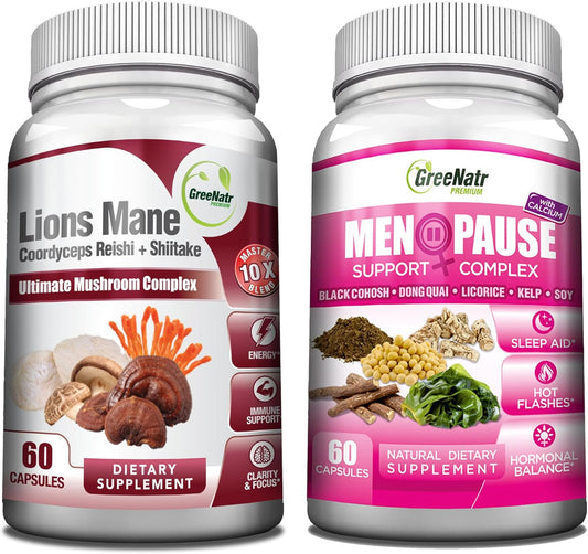 Natural Energy Boost and Menopause Support Bundle with Mushroom Supplement for Sustained Vitality and Herbal Complex for Hot Flashes and Night Sweats