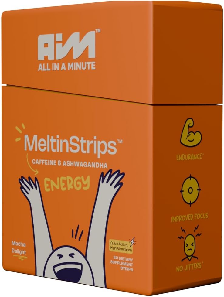 Natural Energy Oral Strips with Caffeine, Ashwagandha, B12 - Fast Absorption Vegan Supplement - 30 Strips