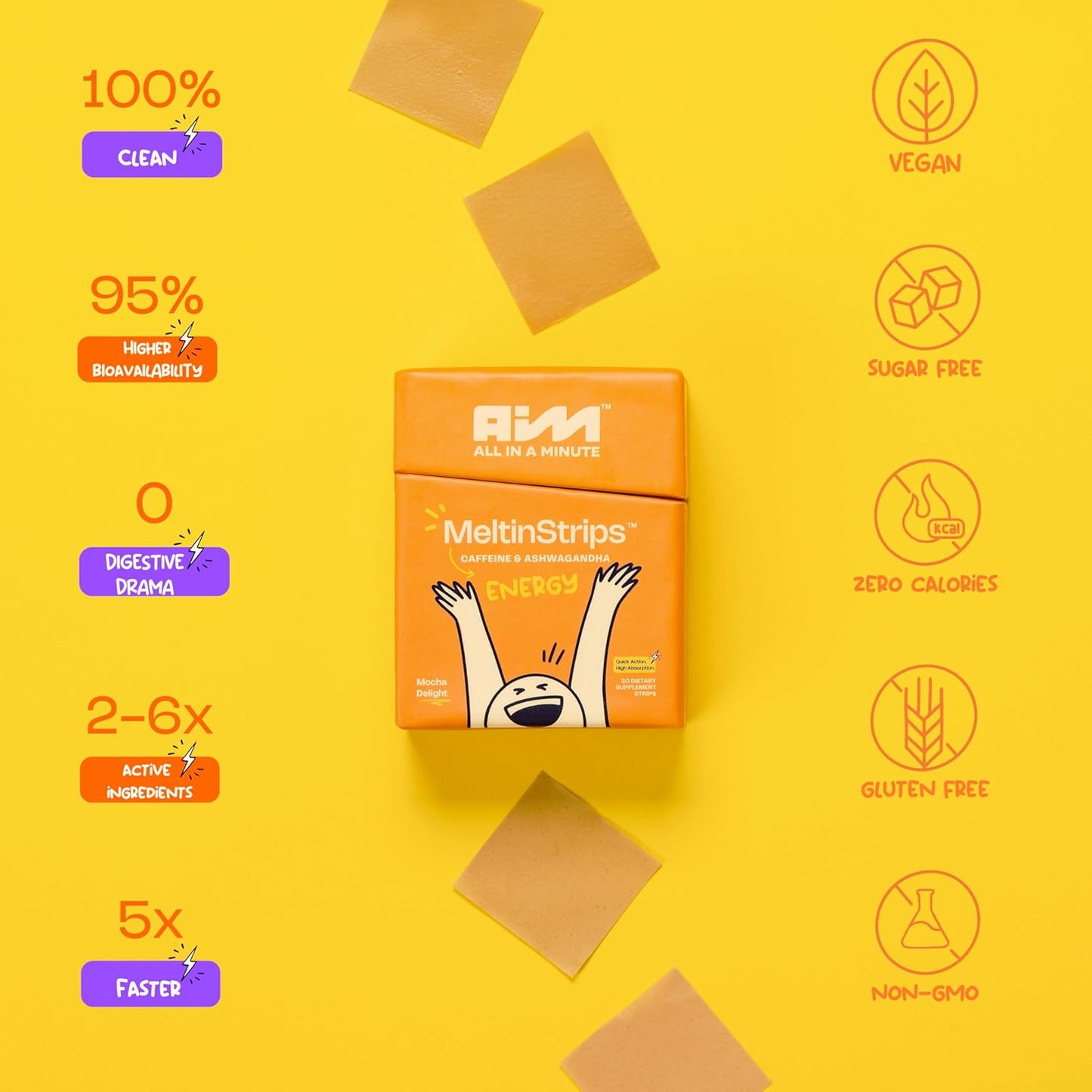 Natural Energy Oral Strips with Caffeine, Ashwagandha, B12 - Fast Absorption Vegan Supplement - 30 Strips