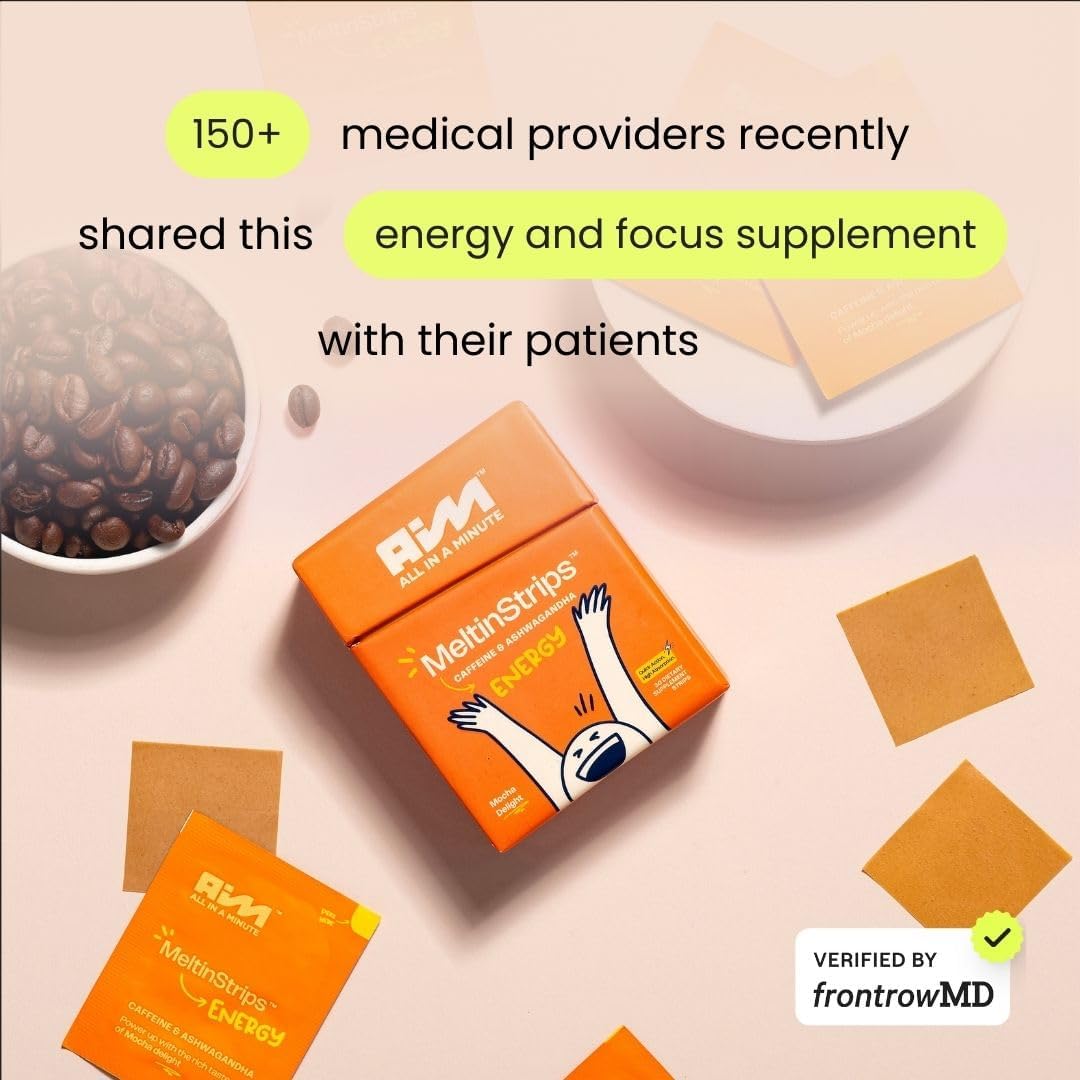 Natural Energy Oral Strips with Caffeine, Ashwagandha, B12 - Fast Absorption Vegan Supplement - 30 Strips