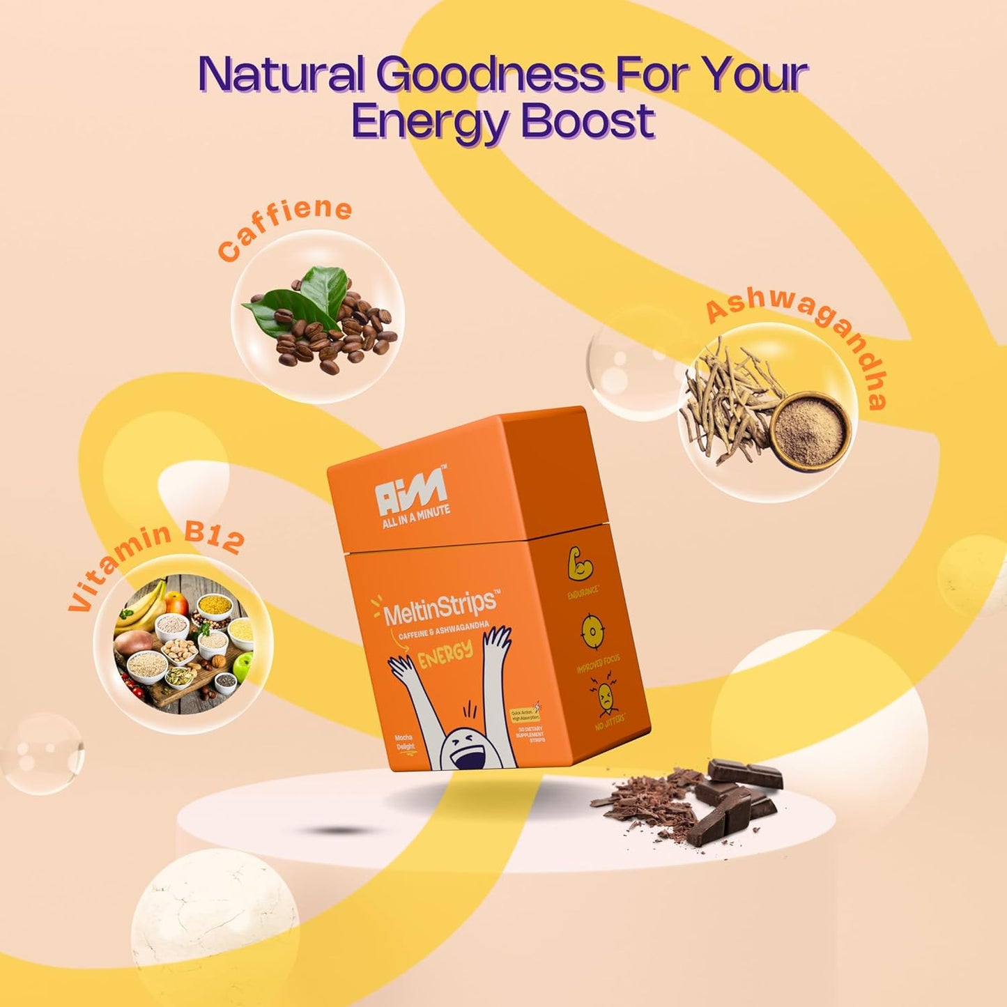 Natural Energy Oral Strips with Caffeine, Ashwagandha, B12 - Fast Absorption Vegan Supplement - 30 Strips