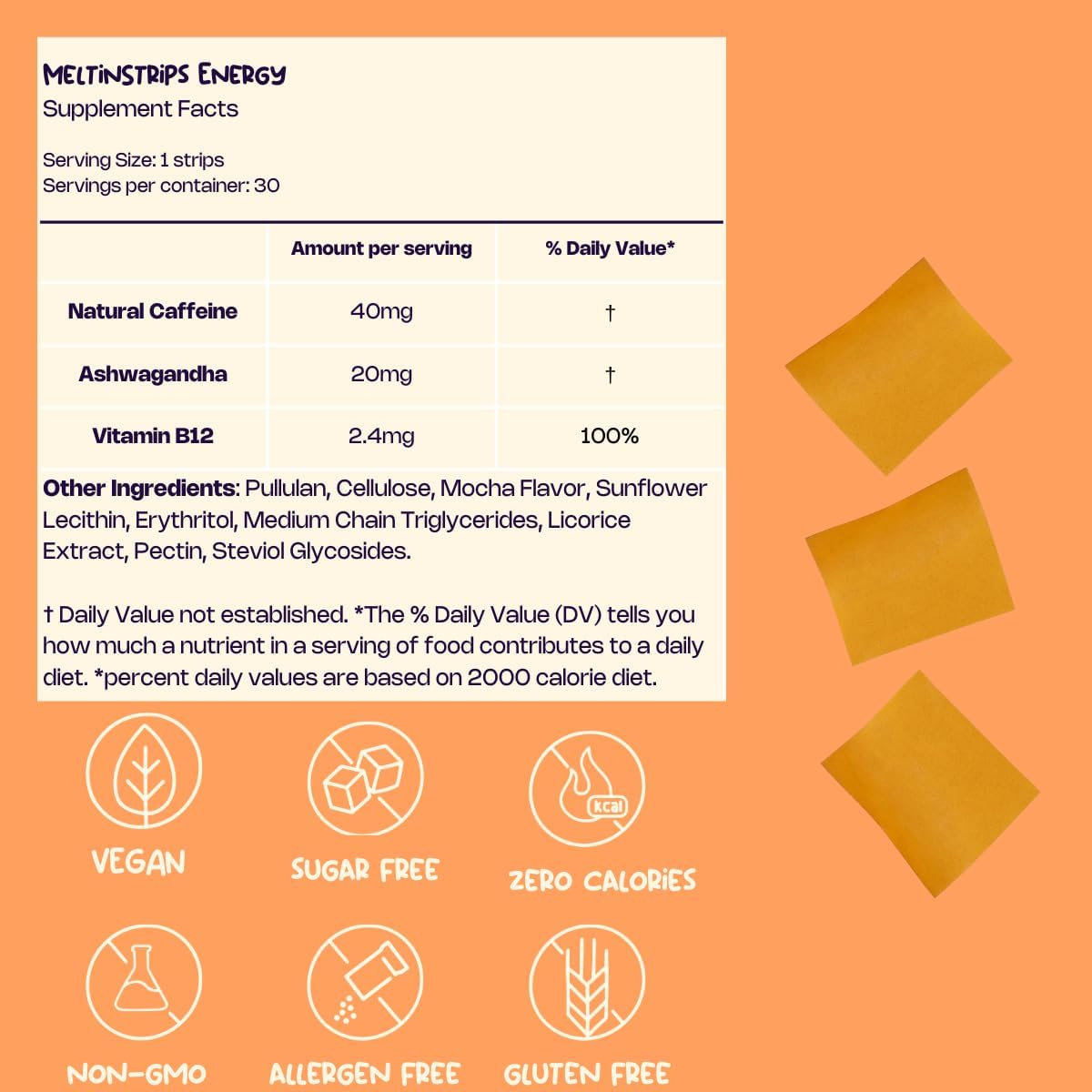 Natural Energy Oral Strips with Caffeine, Ashwagandha, B12 - Fast Absorption Vegan Supplement - 30 Strips