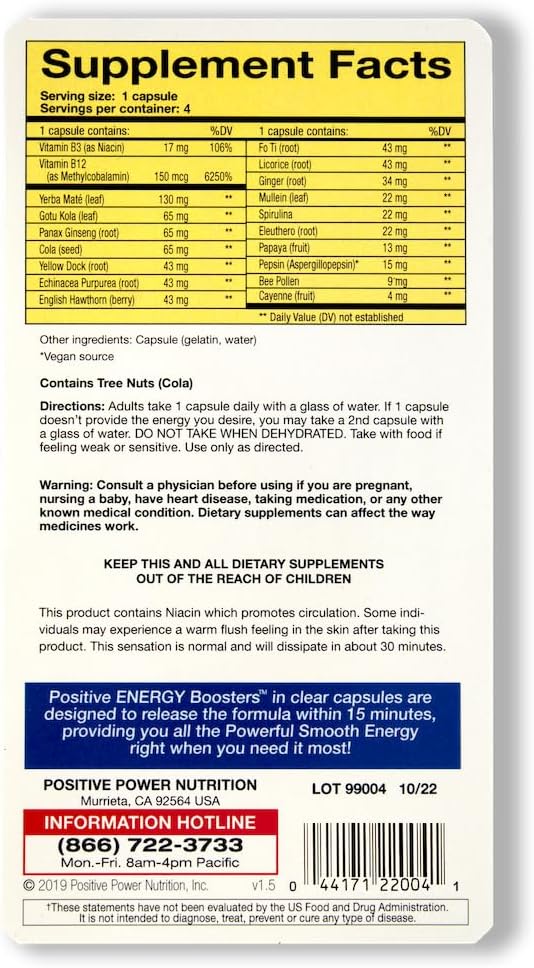 Natural Energy Supplement with Herbs, B-12, and Bee Pollen for Jitter-Free Smooth Energy Boost - VitaBoost Positive Power (4 Pack)