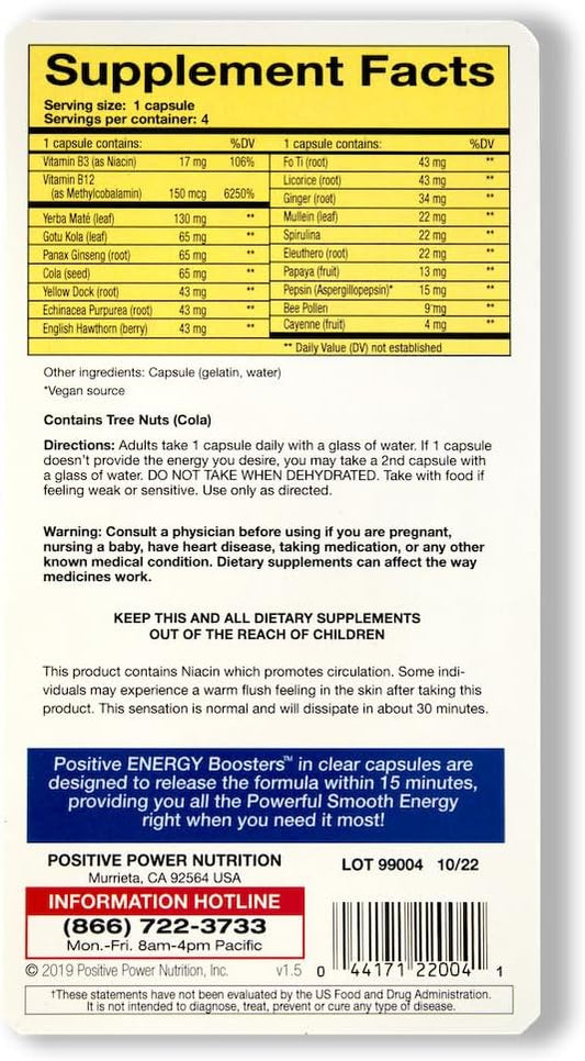 Natural Energy Supplement with Herbs, B-12, and Bee Pollen for Jitter-Free Smooth Energy Boost - VitaBoost Positive Power (4 Pack)