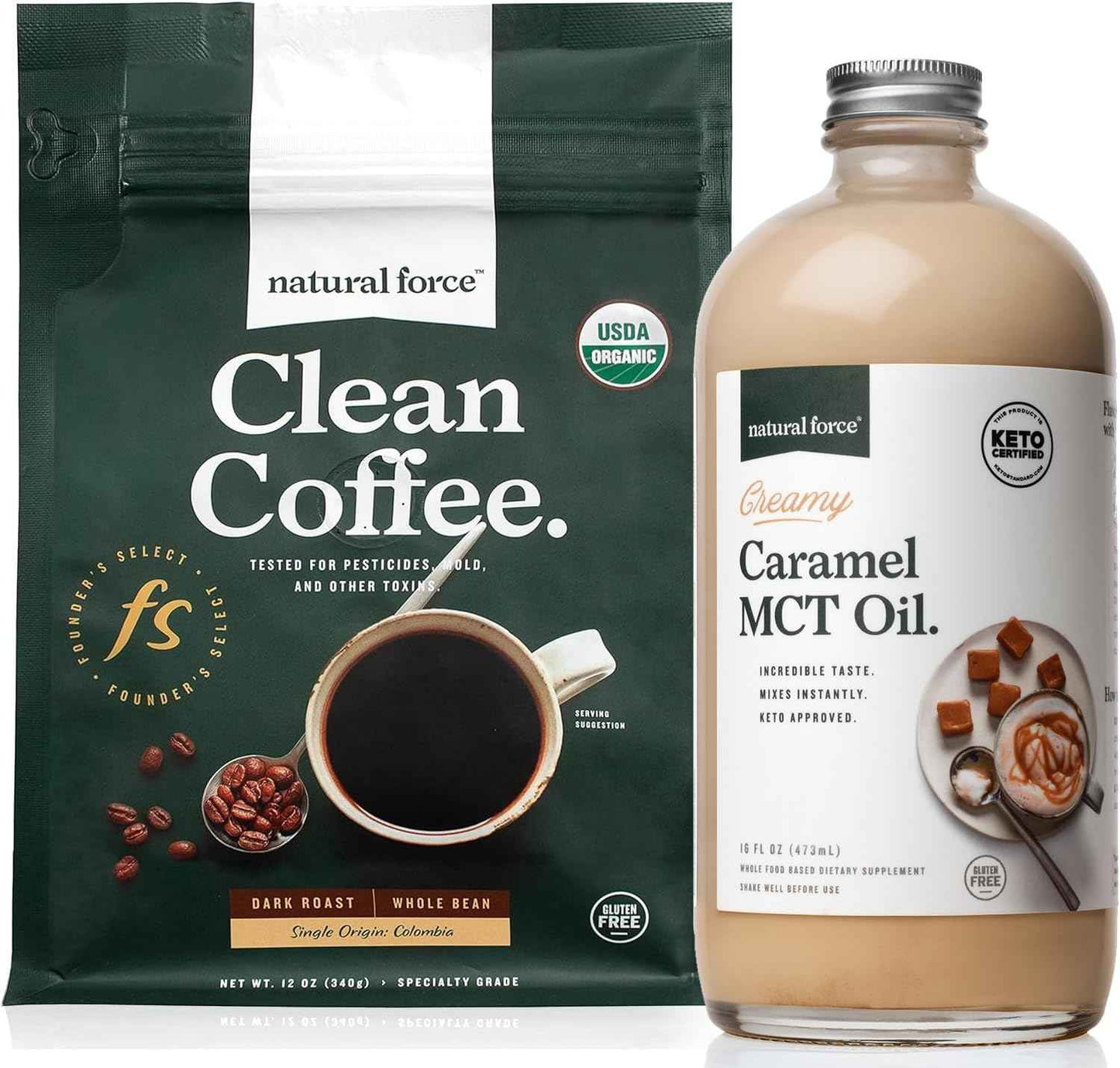 Natural Force Dark Roast Clean Coffee + Creamy Caramel MCT Oil Bundle – Emulsified MCT Creamer & Mold & Mycotoxin Free Coffee – Non-GMO, Keto, Paleo, and Vegan - 12 Oz Bag and 16 Oz Glass Bottle