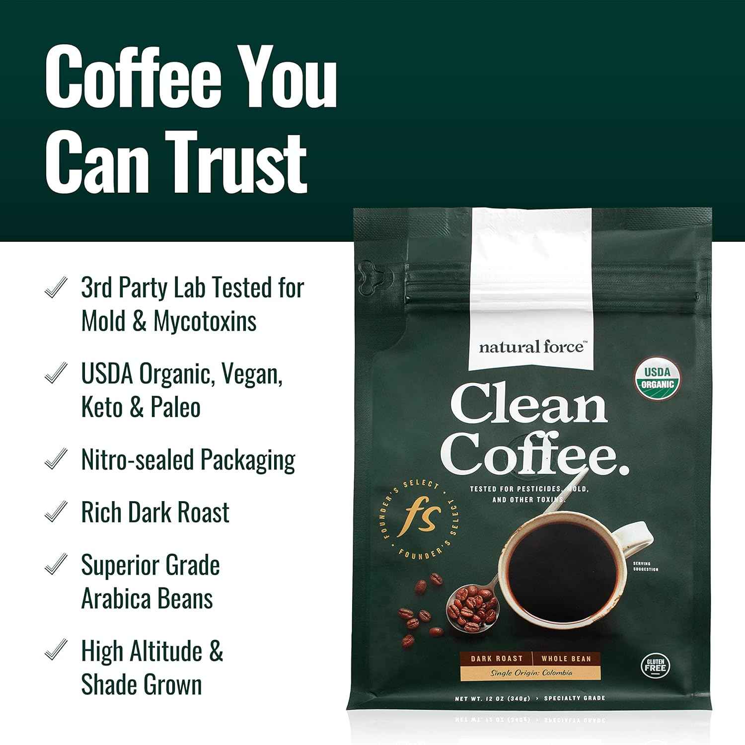 Natural Force Dark Roast Clean Coffee + Creamy Caramel MCT Oil Bundle – Emulsified MCT Creamer & Mold & Mycotoxin Free Coffee – Non-GMO, Keto, Paleo, and Vegan - 12 Oz Bag and 16 Oz Glass Bottle