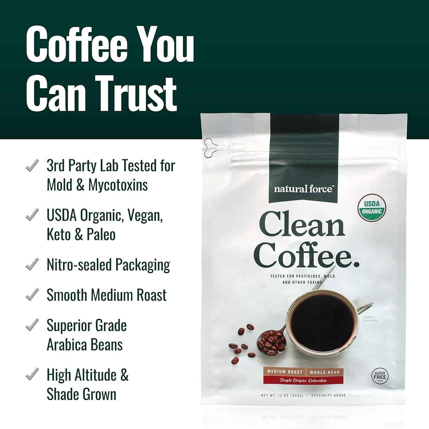 Natural Force Organic Clean Coffee + Collagen Peptides + Organic MCT Oil Bundle – Toxin Free Coffee, Grass Fed Collagen, & MCTs - Non-GMO, Keto, & Paleo - 12 Oz, 11.7 Oz, 32 Oz